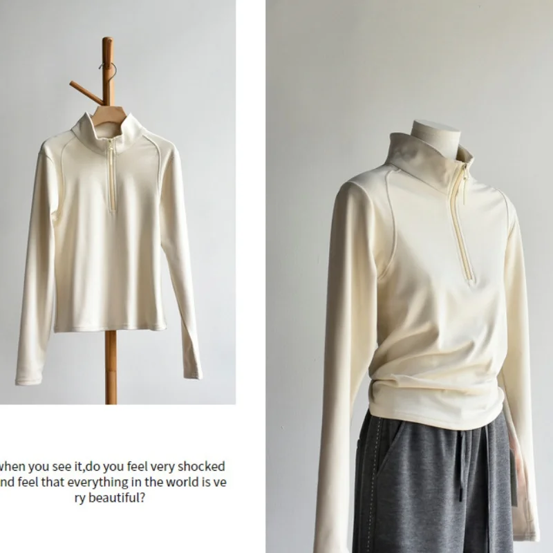 

Zipper Collar Women's Sport Fitness Loose Jacket, Casual Long - Sleeve Running Top, Solid - Color Yoga Wear Shirt Gym Outerwear