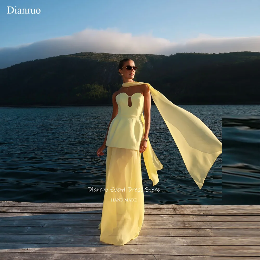 

Dianruo Yellow Keyhole Cut Out Evening Dress See Through A Line Vestidos De Festa Chiffon Ribbons Robes De Soirée Customized