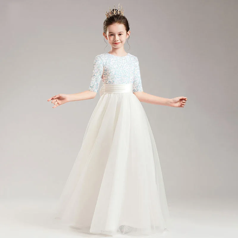 Girls' Long Violin Performance Dress, Big Kids' Evening Gown, White Children's Dress, Princess Sequin Mid-Sleeve Long Dress