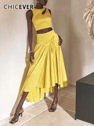 CHICEVER Slim Sets For Women O Neck Sleeveless Hollow Out Tops High Waist Loose Pleated Skirts Solid Two Piece Set Female Summer