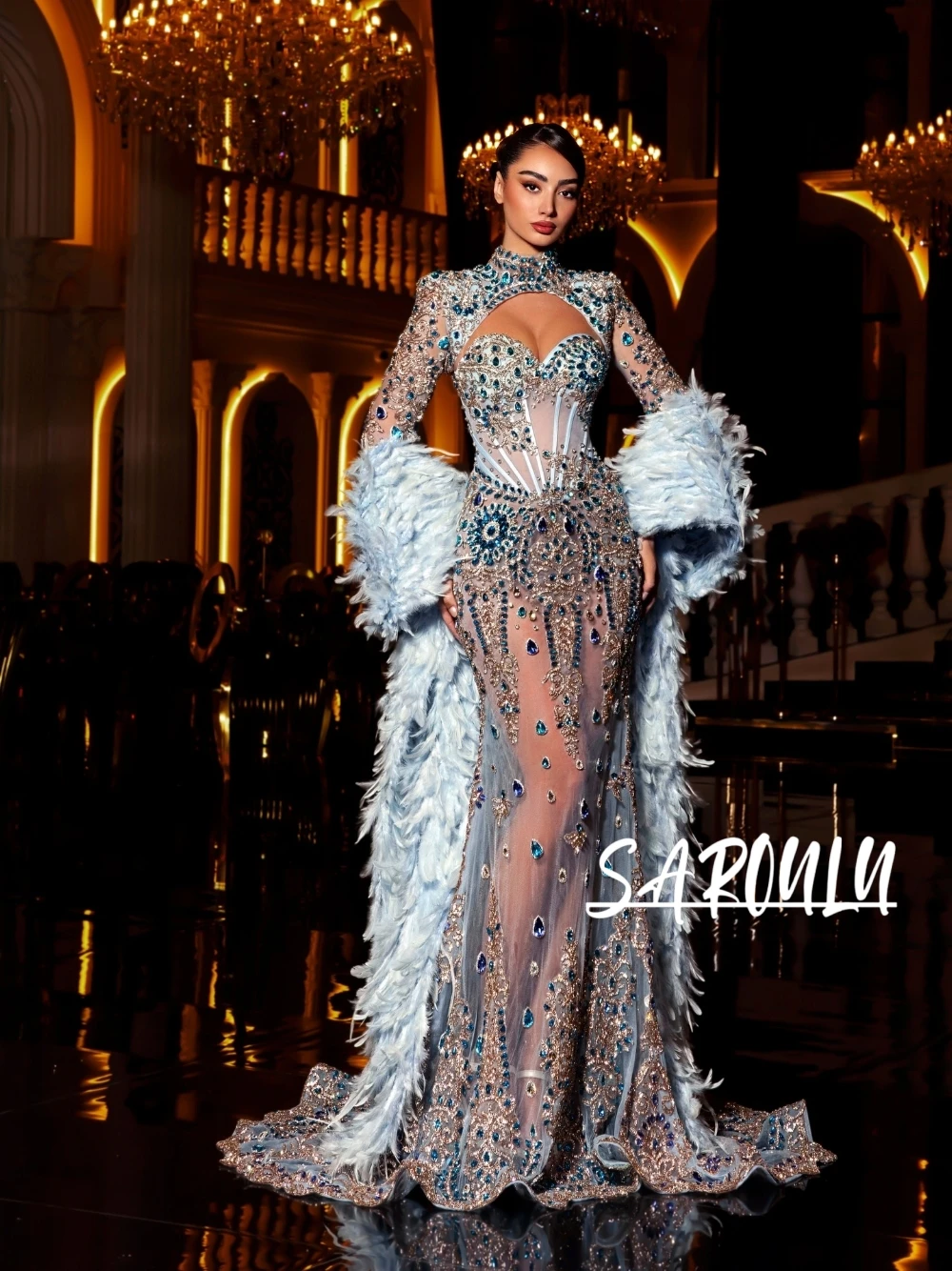 

Newest High-end Light Blue Mermaid Evening Dress 2026 High Neck Sexy Cutout Feather Trim Beaded Crystal Embellished Prom Gown