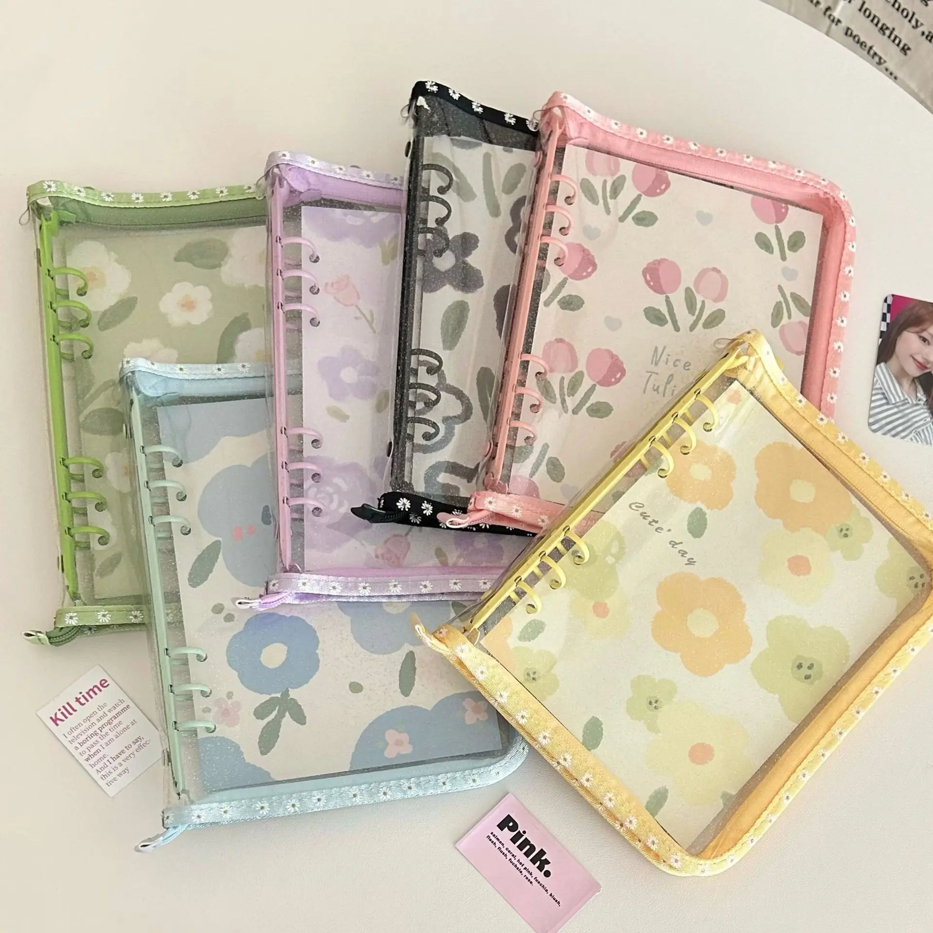 Korean INS Transparent PVC Soft Shell A5 Loose-Leaf Small Daisy zipper Bag Edge Hand Ledger Album Student Diary  Stationery