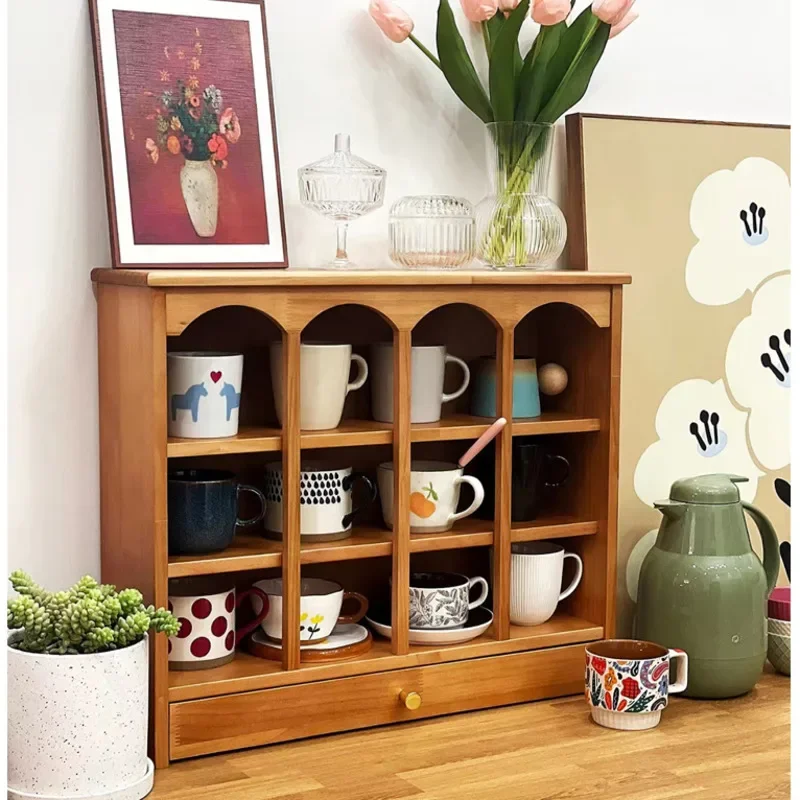 Solid Wood Multi-Grid Cup Holder Living Room Desktop Display Shelf Drawer Design Storage Rack Coffee And Tea Set Storage Cabinet