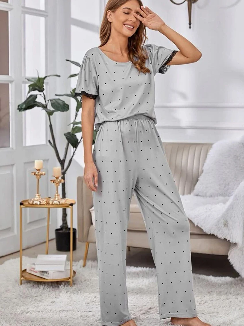 

Marthaqiqiq Polka Dots Loose Women Pajama Set O-Neck Sleepwear Short Sleeve Nightgown Pants Causal Ladies Nightwear 2 Piece Suit