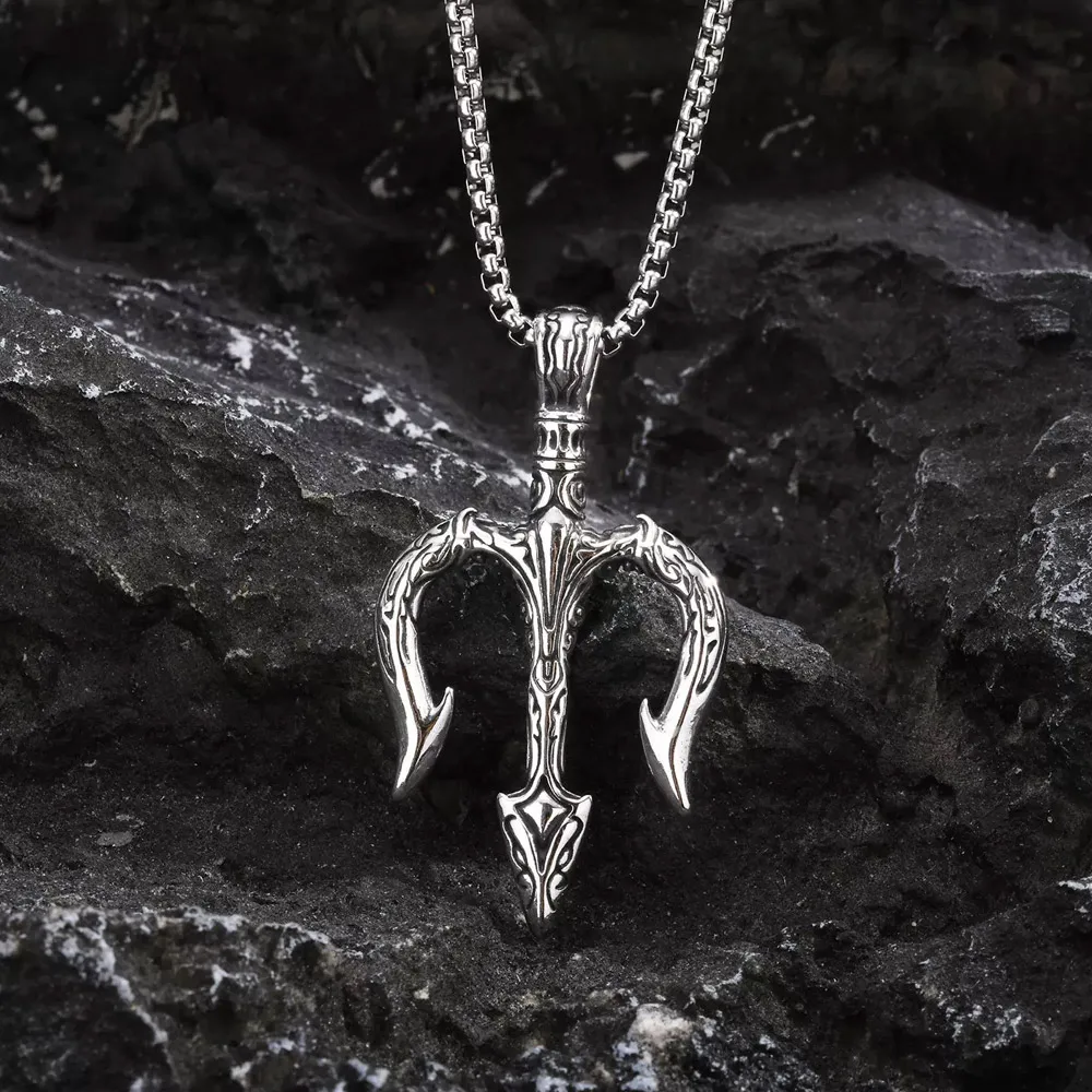 Mens Vintage Poseidon Trident Necklace Stainless Steel Sea God Spear Amulet Pendant Necklace Unisex Gothic Rock Jewelry Gift