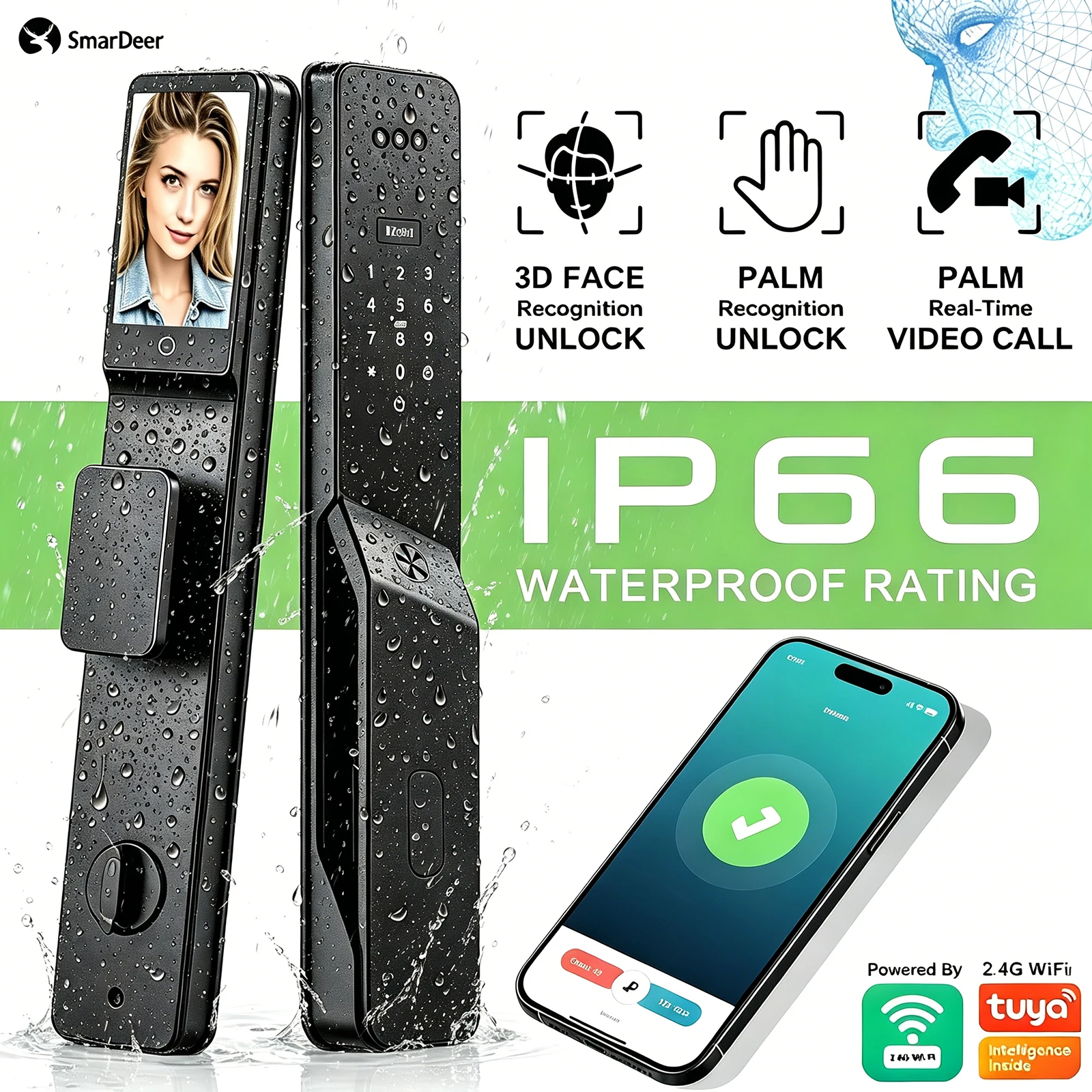 3D Face & Palm Vein Recognition Lock,IP66 Weatherproof Smart Door Lock,Smart Video Anti-theft Security Fingerprint Lock for Home