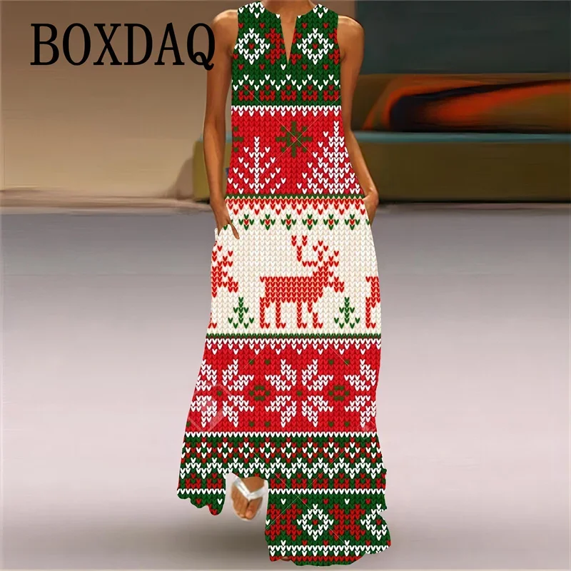 Elegant Women's Christmas Printed Pocket Long Dresses 2024 Fashion Casual Women Sleeveless V-neck Loose Large Size Robe Vestidos