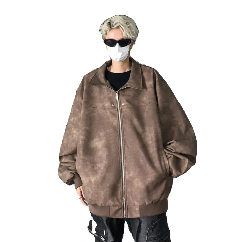 High Street Fashion Turn Down Collar Men's Distressed Suede Jacket Winter Japanese Retro Casual Oversized Motorcycle Jacket Men