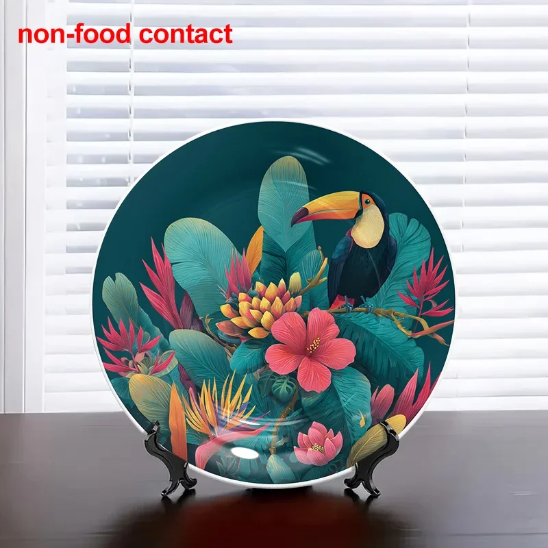 1pc 8-Inch Round Tropical Toucan & Flowers Ceramic Wall Hanging Plate - Vintage Style Jewelry Display Tray for Necklaces &