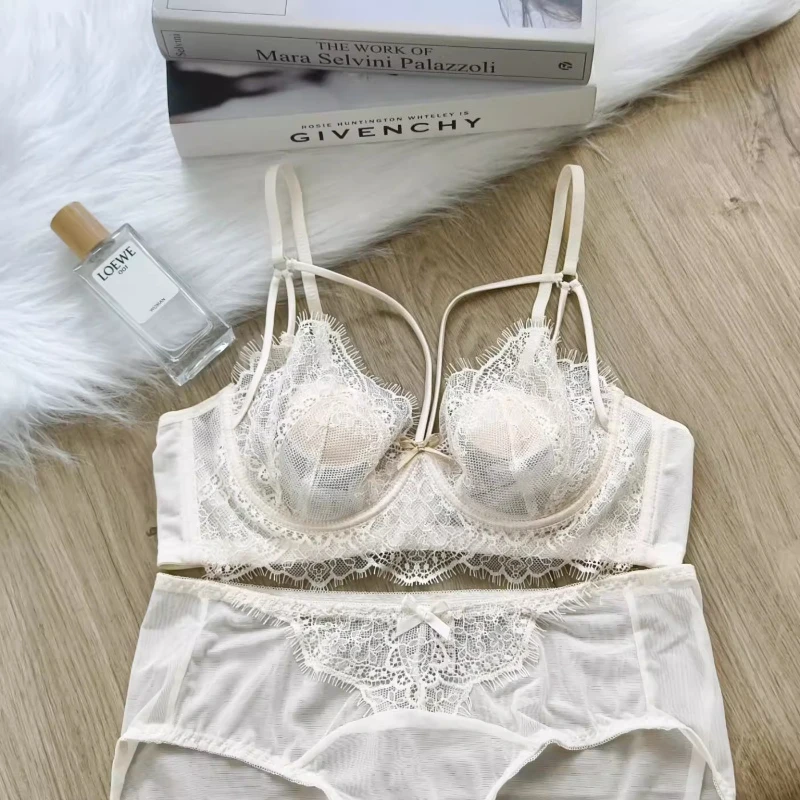 Sexy Hollow Out Lace Lingerie Set,Ultra Thin French Bra,Soft Underwire Support Anti Sag,Gathering Breathable Everyday Ladies