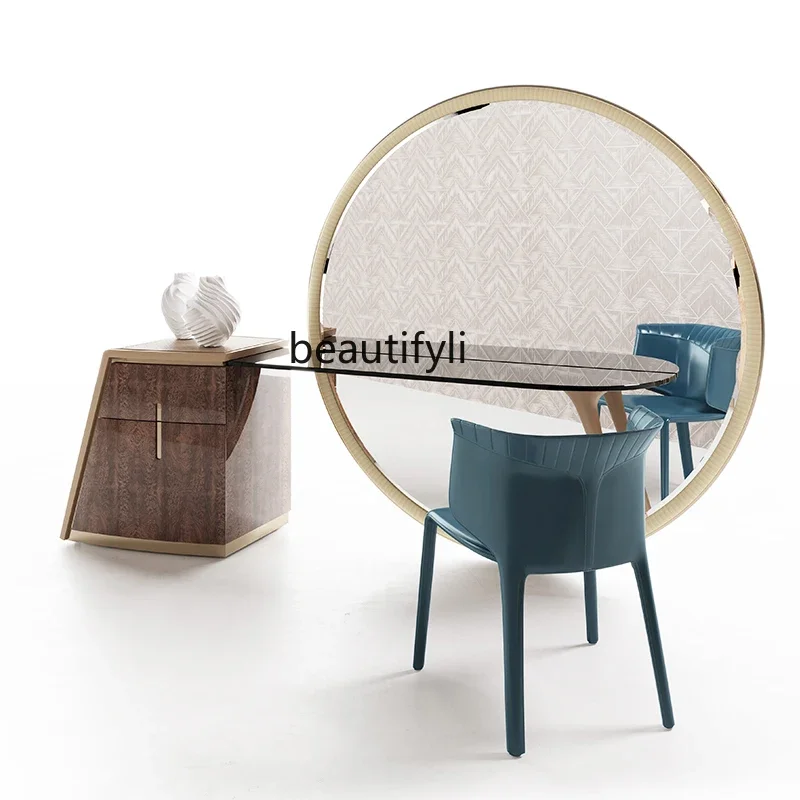 

Light Luxury Modern Storage Integrated Dresser Italian Minimalist Large round Mirror LED Lamp Dressing Mirror