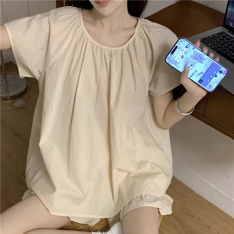 

Женская пижама с оборками, комплекты пижамы в Корейском стиле, комплекты пиямы из 2 предметов, летняя одежда для сна, однотонная Пижама с коротким рукавом, домашний костюм, новинка 2024