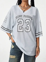 Fshion New Enjoy Freedom 23 Print T-Shirt Women V-Neck Short Sleeve Mesh Sports Football Jersey Y2K Loose Oversized Top