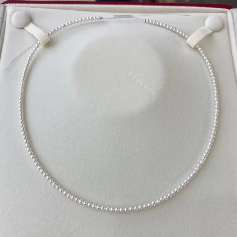 18K Solid Gold Natural Akoya Real 3-4mm Pearl Mini White Necklace Fine Jewelry Sweater Chain Simple Women Free Shipping