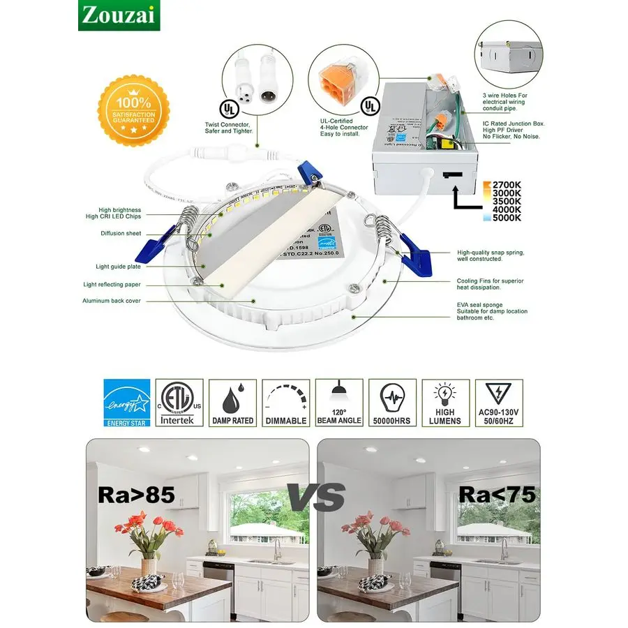 12 عبوة من مصابيح السقف LED فائقة النحافة مقاس 4 بوصات 5CCT مع صندوق توصيل، 2700K 3000K 3500K 4000K 5000K قابلة للاختيار، 9W Eqv 80W