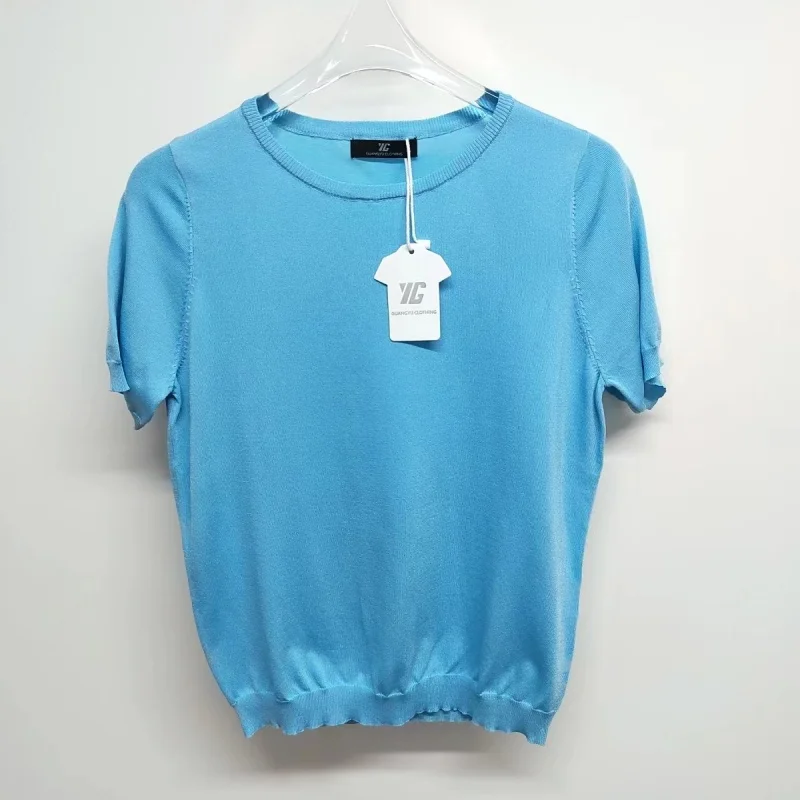 YG 2024 Summer Women's New Blue Knitted Short sleeved Shirt Simple and Elegant Blended Thin Knitted Pullover Top