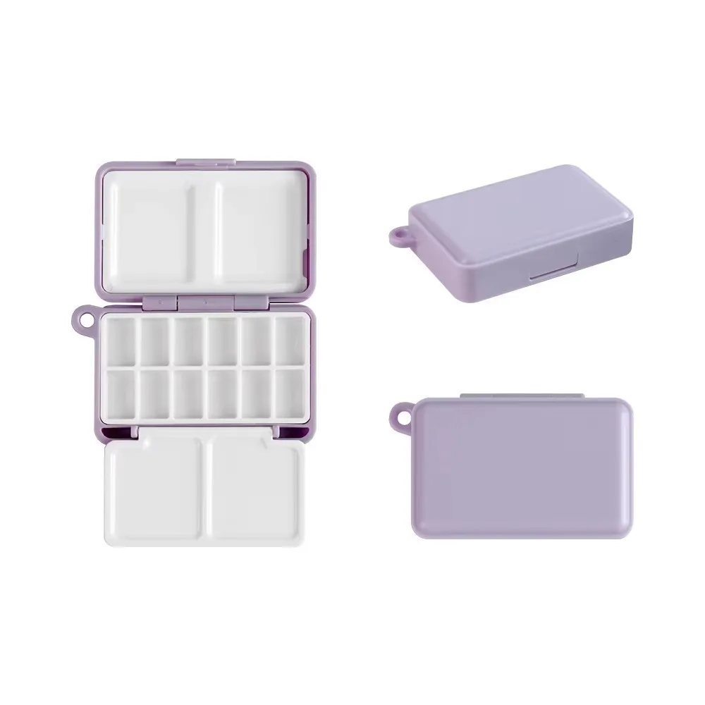 

High-quality Mini Portable Travel Plastic Painting Box Palette Purple Watercolor Paint Subpackage 12 Grids Pigment Box