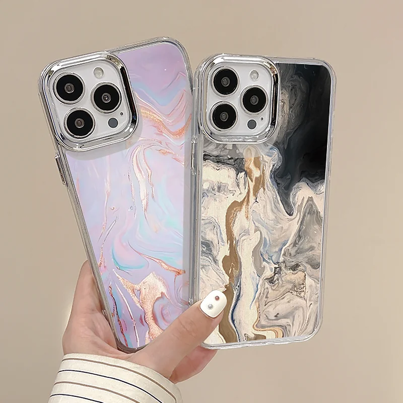 

Чехол с мраморным рисунком для iPhone 15 16 Pro Max Plus 14 12 13 Pro 11, Роскошная рамка с гальваническим покрытием и линзами, прозрачный чехол для телефона из ТПУ