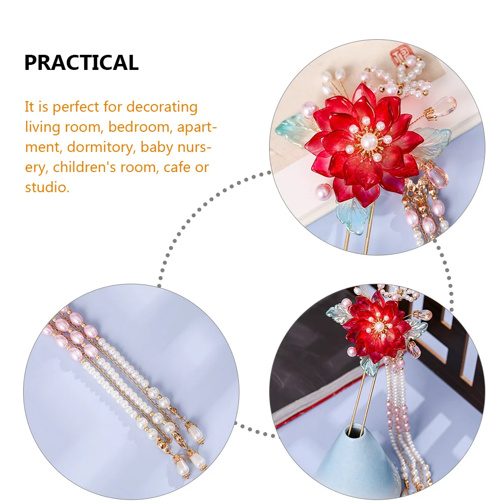 

Red Hairpin Alloy Retro Style Smooth Surface Long Time Use Women Accessories Tassel Flower Metal Hair Stick For Buns Thick Curly