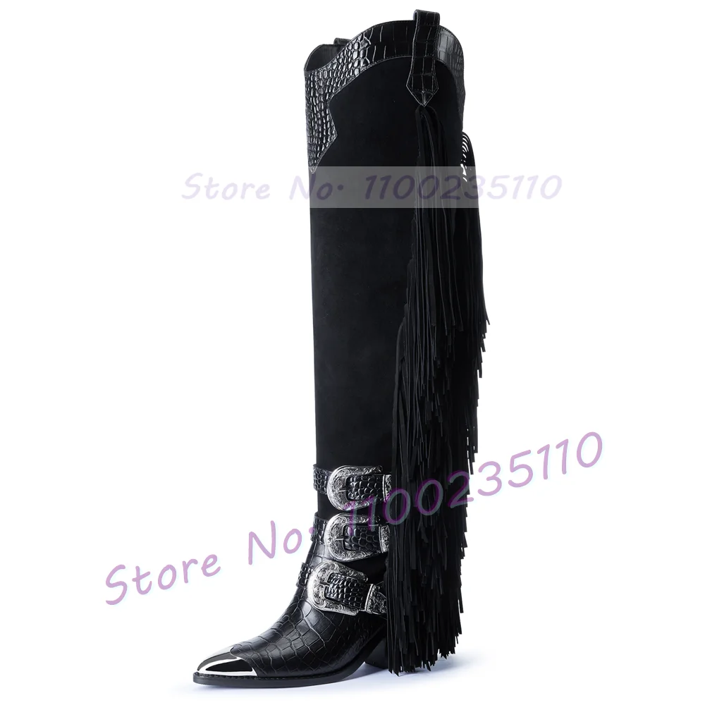 Black Fringes Western Long Boots Women Sexy Metal Pointy Toe Silver Buckles Block Heels Croc Leather Splicing Thigh High Boots