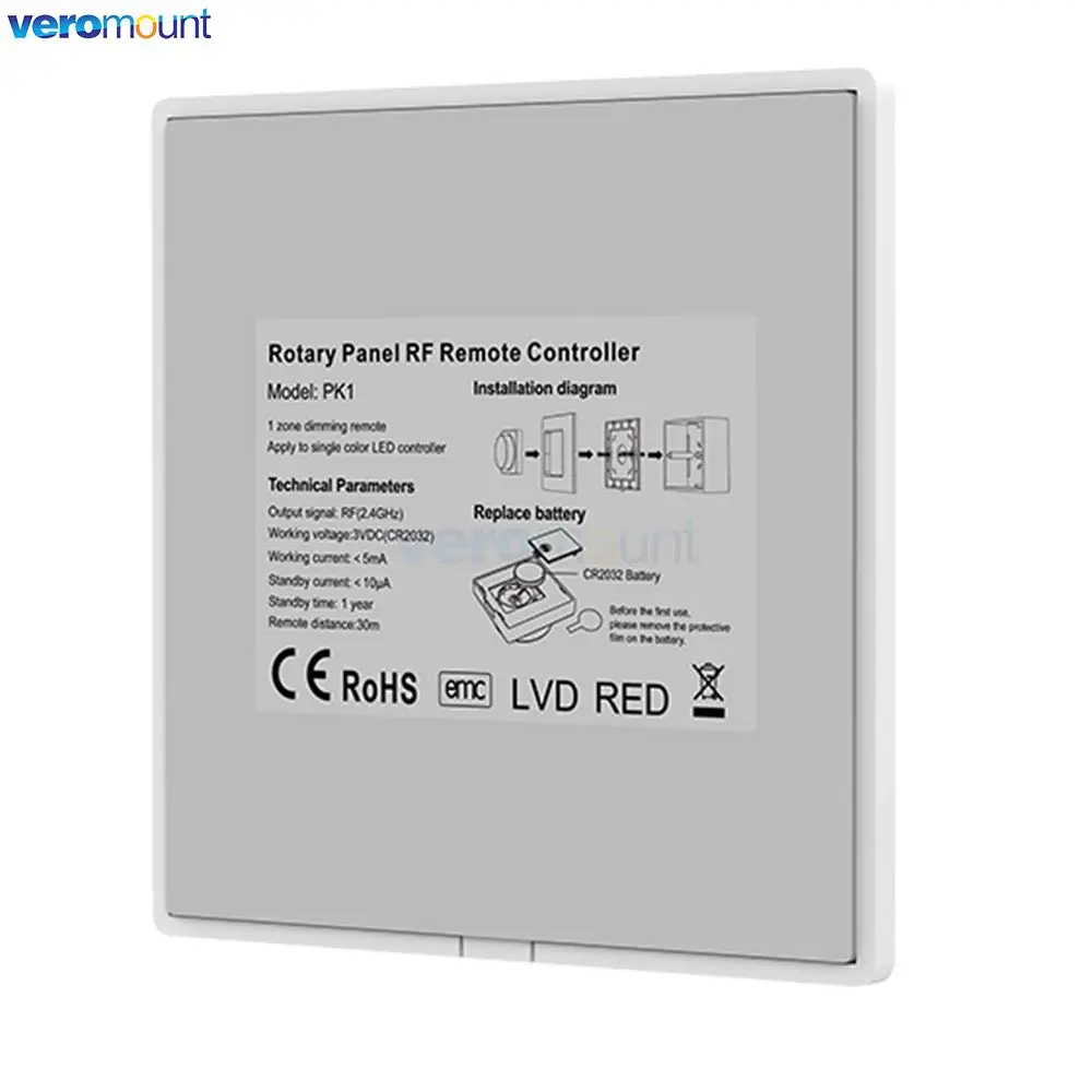 PK1 Dimmer da pannello per montaggio a parete a 1 zona RF Manopola rotante wireless Telecomando per controller dimmer monocolore Skydance