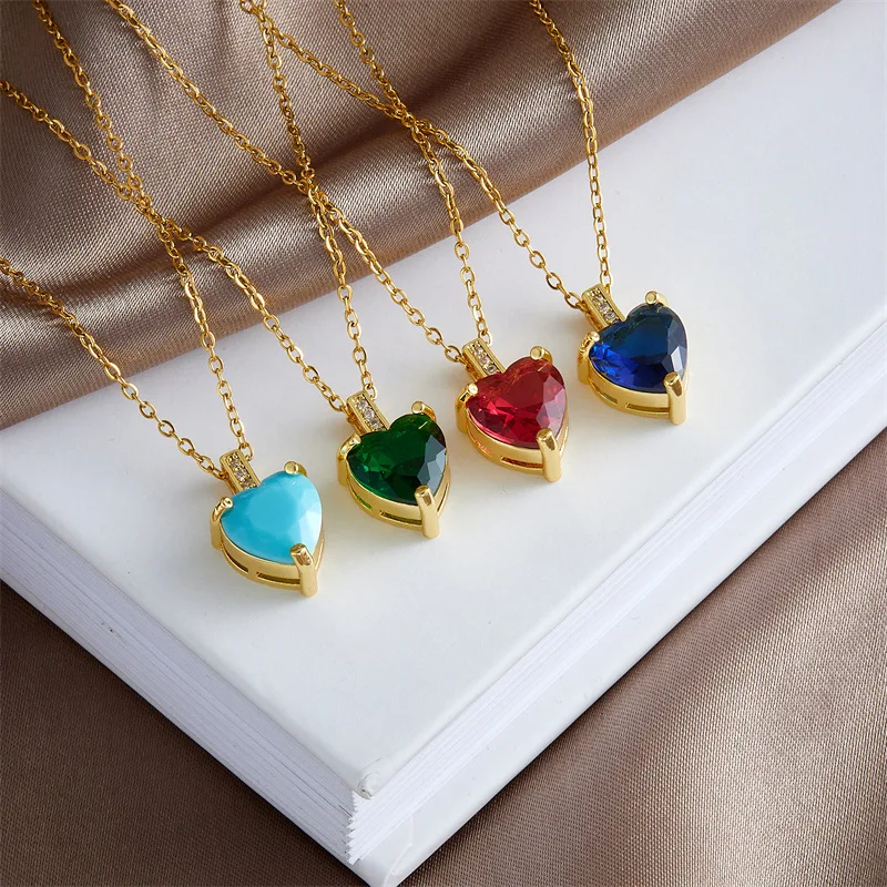 8pcs/set Copper Heart Big Blue Zircon Pendant Necklace For Women Girl Fashion Clavicle Chain Jewelry Birthday Gift