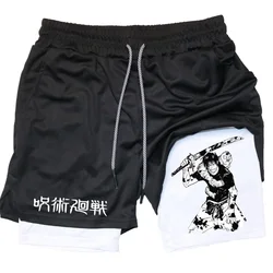 Shorts de performance anime masculino, estampado toji, casual esportivo, treino, malha, 2 em 1, calça curta esportiva