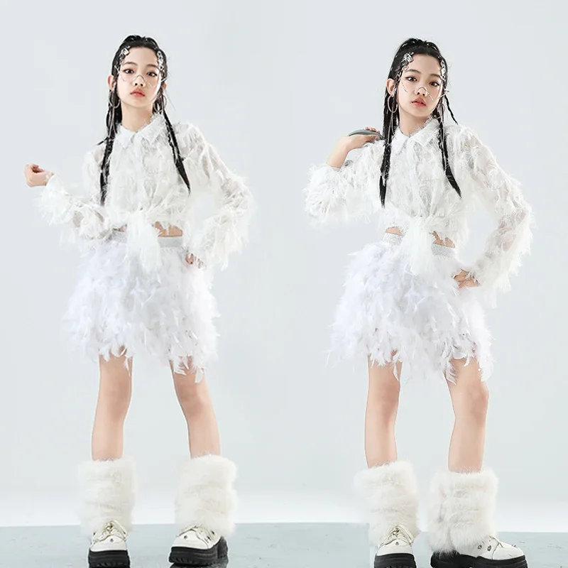 힙합 소녀 k-pop 스팽글 자르기 탑 스트리트 댄스 깃털 스커트 어린이 streetwear 스커트 어린이 재즈 의상 의류 세트