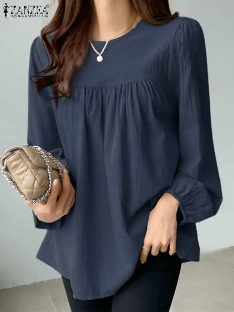 2023 ZANZEA Work OL Shirts Women Blouse Elegant O Neck Puff Sleeve Blusas Holiday Pleated Blouses Autumn Solid Full Sleeved Tops