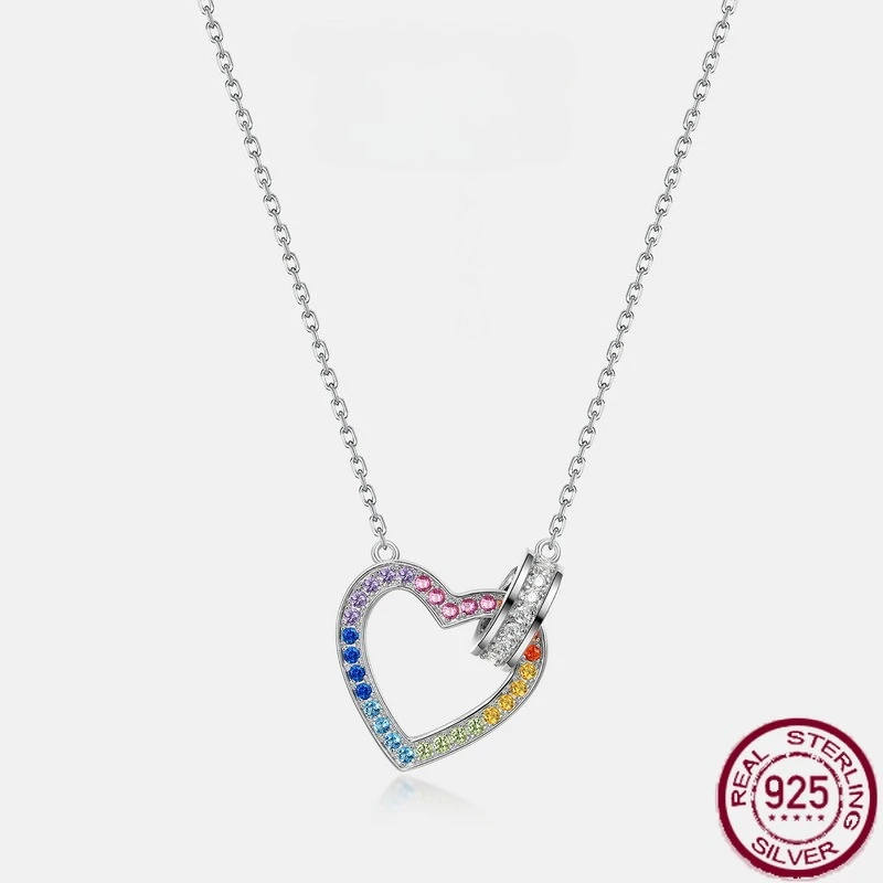 

New S925 Pure Silver Rainbow Zircon Love Necklace with Full Diamond Color Treasure Necklace, Fashionable Wedding Jewelry