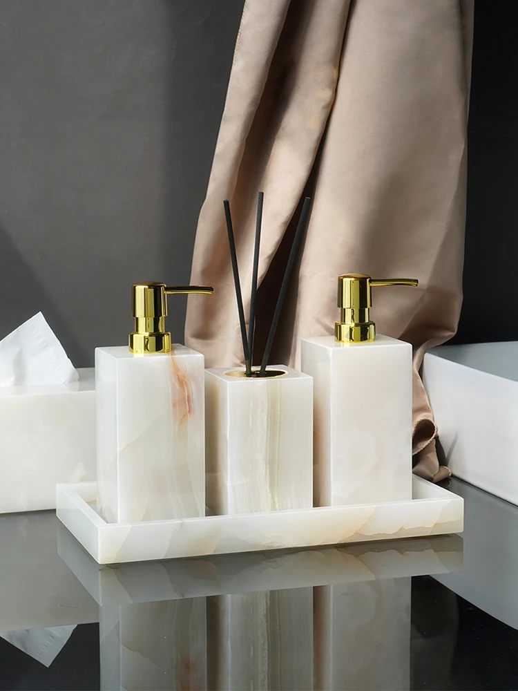 White Onyx Natural Marble Bathroom Accessories Luxury Soap Dispenser Cotton Swabs Container Reed diffuser Tray Bathroom Set