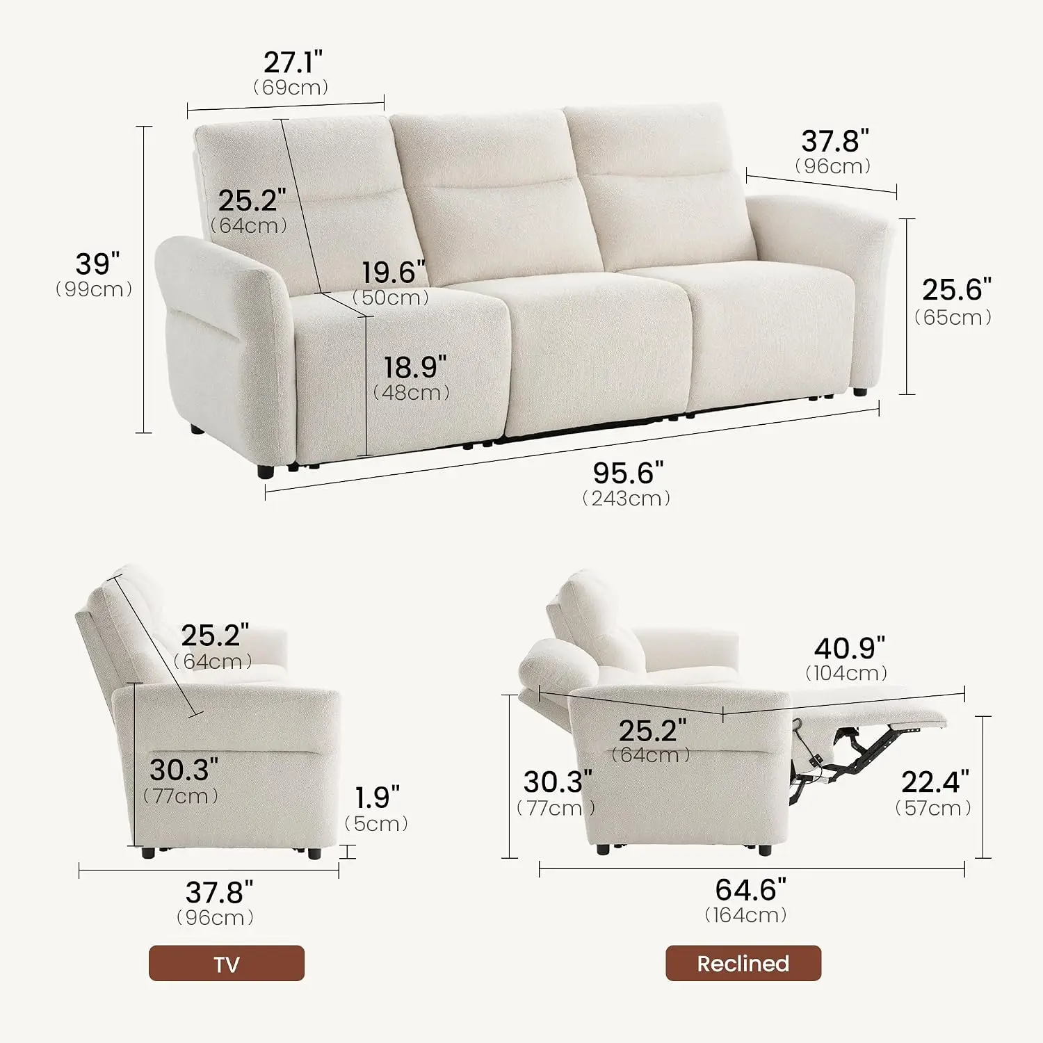 Linnea 95.6" Oversize 3-Seater Manual Reclining Sofa, Beige, Customized 2