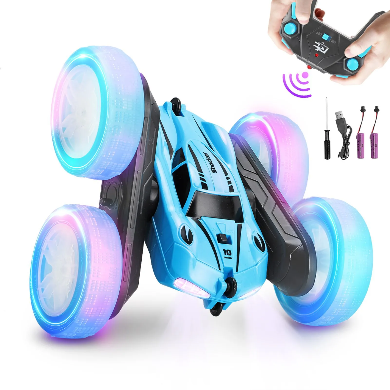 

2.4G Double Sided RC Stunt Car 360 Degree Flip Rotating Remote Control Car with Light 2 Rechargeable Batteries Blue