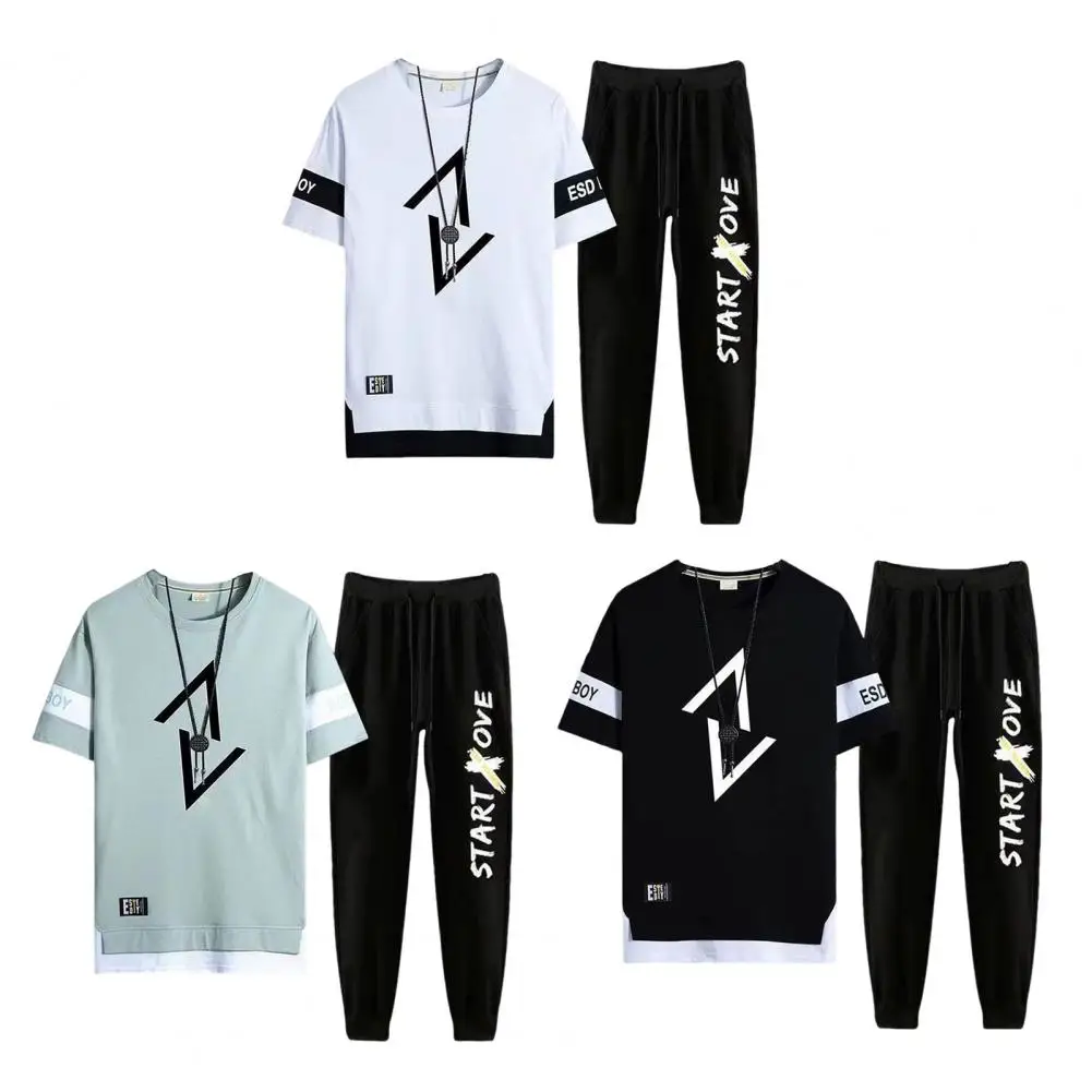 Men T-shirt Pants Set Sportswear Set Letter Printing O-neck Short Sleeve T-shirt Quick Drying Drawstring Waist Sweatpants Set