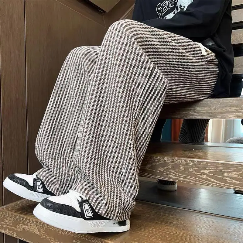 여성용 스트라이프 와이드 레그 팬츠, 드레이프 레트로 시크 프레피 스타일, 아늑한 데일리 한국 패션, 인기 캐주얼 가을 겨울 바지