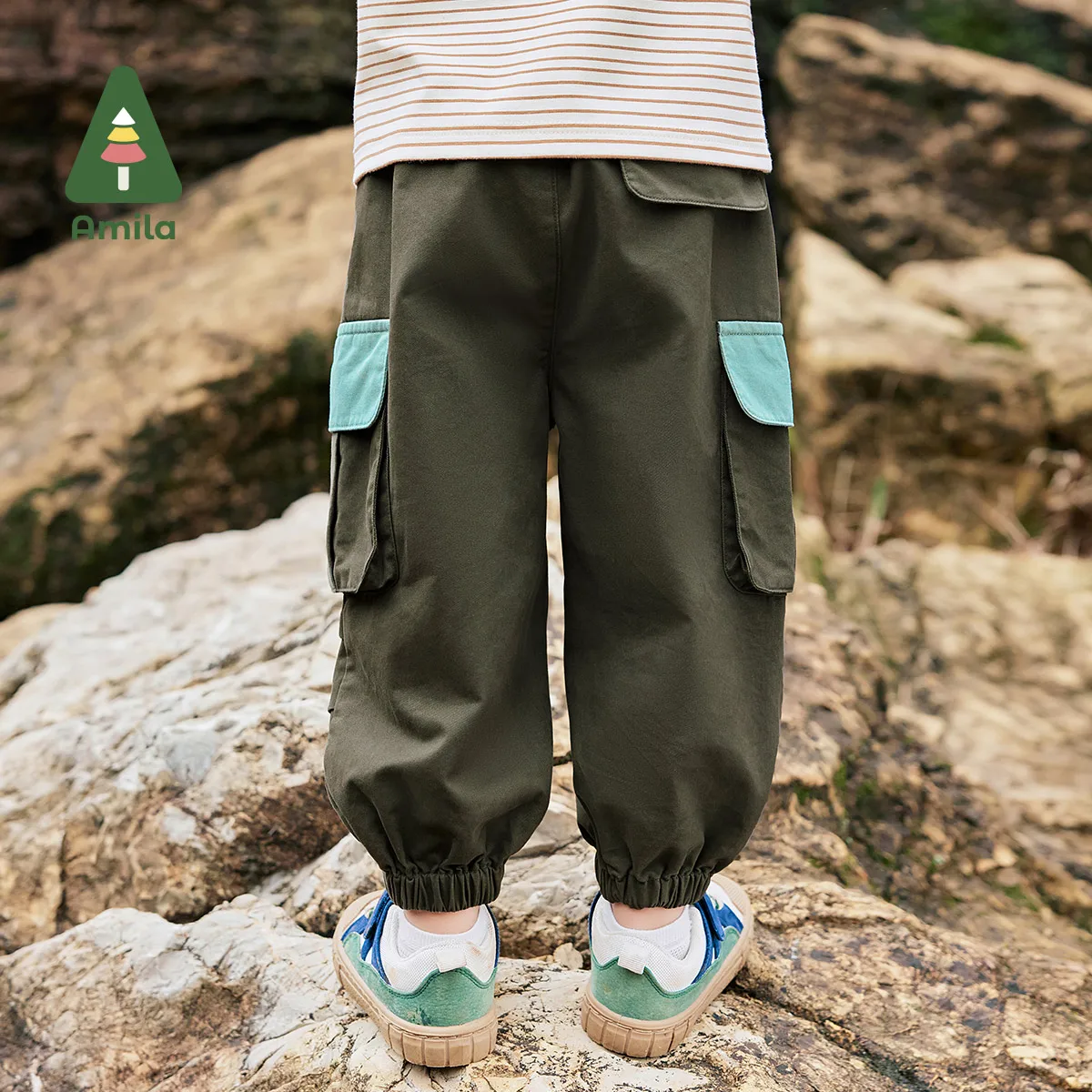 Amila Baby Overalls 2024 Autumn New Boys Soft Cotton Washable And Durable Contrast Color Pocket Outdoor Children’S Casual Pants