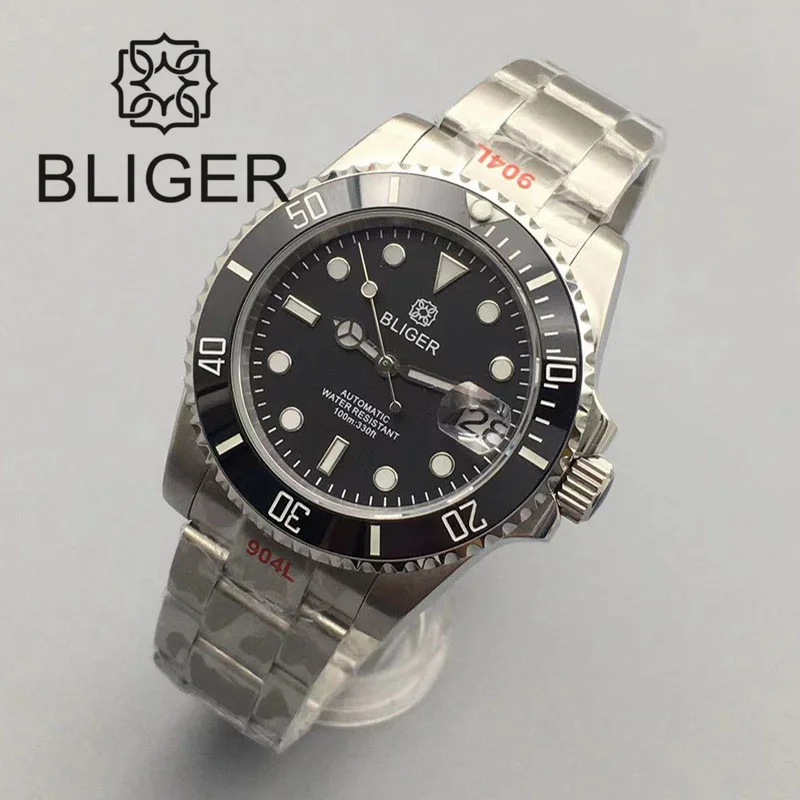 BLIGER 40mm Men\'s Watch 24 Jewel NH35A Mechanical Sapphire Glass Black Dial Luminous Stainless Steel Bracelet Waterproof Date