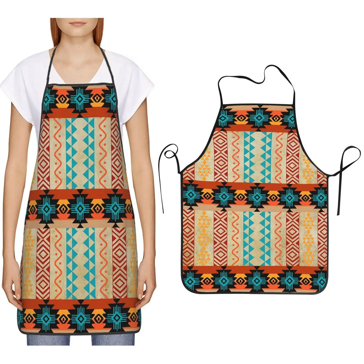 Southwestern Aztec Stripe Apron Chef Cooking Baking Tablier Bib Kitchen Cleaning Pinafore for Women Men Gardening