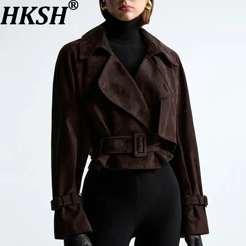 

HKSH куртка для женщин, осенняя новинка, отложной воротник с поясом, облегающее винтажное модное модное уличное шикарное короткое пальто HK10753