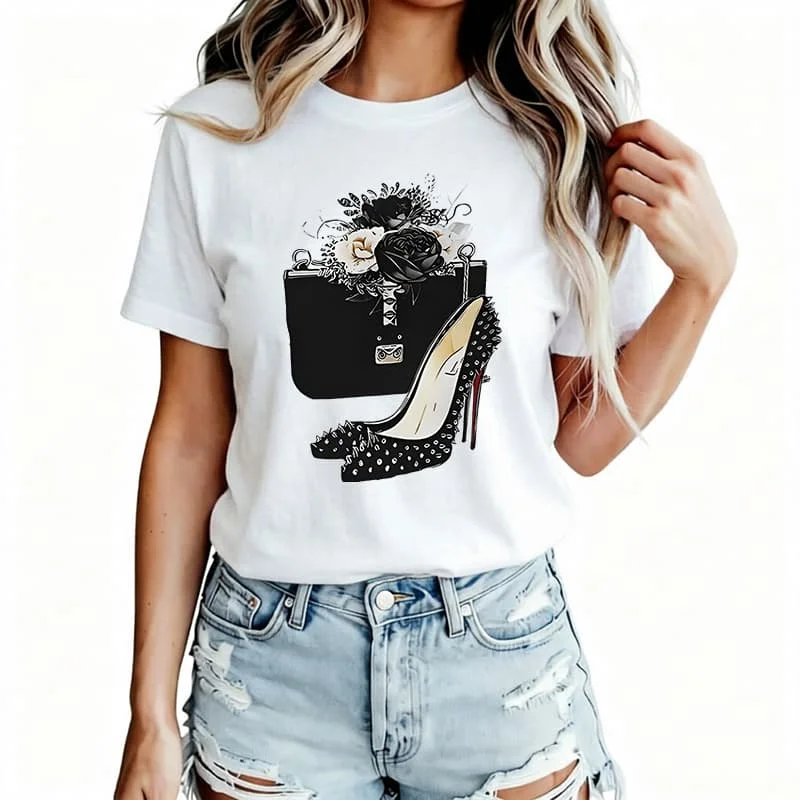 Sweet Wallet and High Heels Women's T-Shirt 100% Cotton Funny Graphic Short Sleeve Tee Novelty Shirt Casual Crew Neck Top S-5Xl