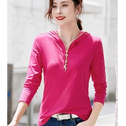 Women's 2024 new spring and autumn long sleeved hooded rose red top women's plus size t-shirt thin cut hooded zip chain trendy