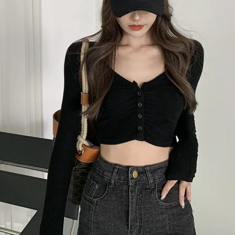 Long-sleeve T-shirts Women Slim Sexy Crop Tops Fashion O-neck Streetwear Simple Korean Style Summer Y2k Ulzzang All-match Young