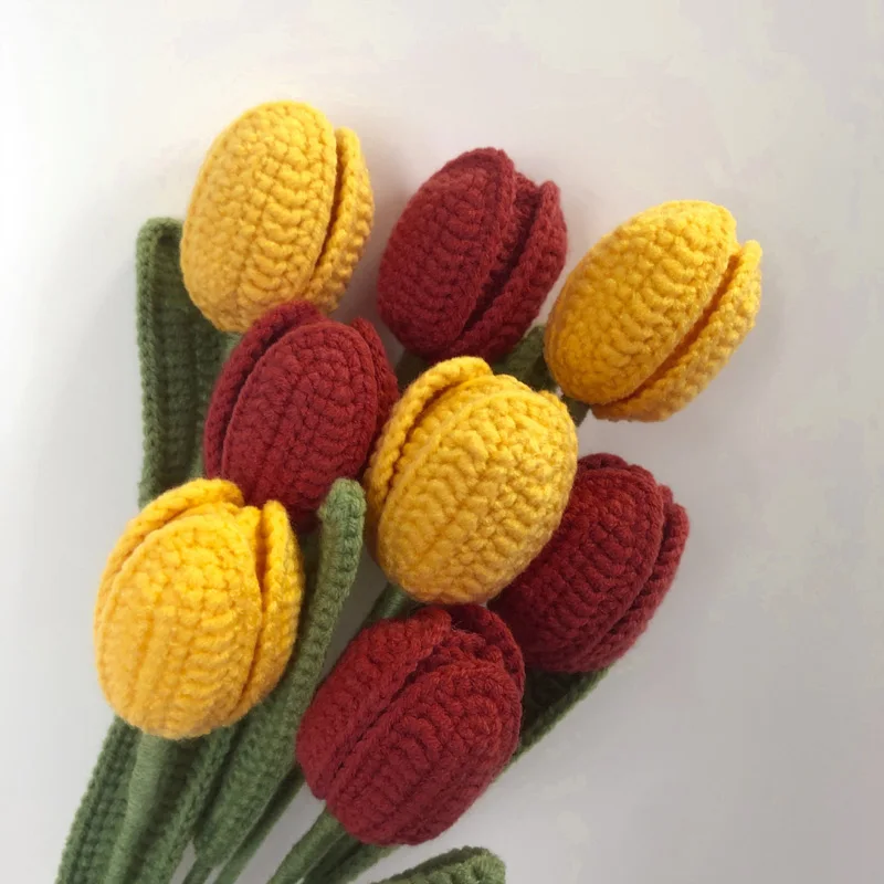 Artificial Tulip Bouquet Handmade Knitted Flowers for Home Decor Wool Yarn Crochet Flower for Vase Handwoven Mother's Day Gifts