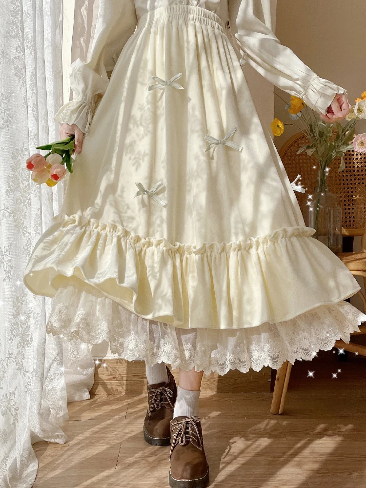 Saia midi de veludo amarelo feminino, babados em camadas de renda, cintura alta, saia midi, estilo japonês Lolita doce, saia kawaii fofa, verão