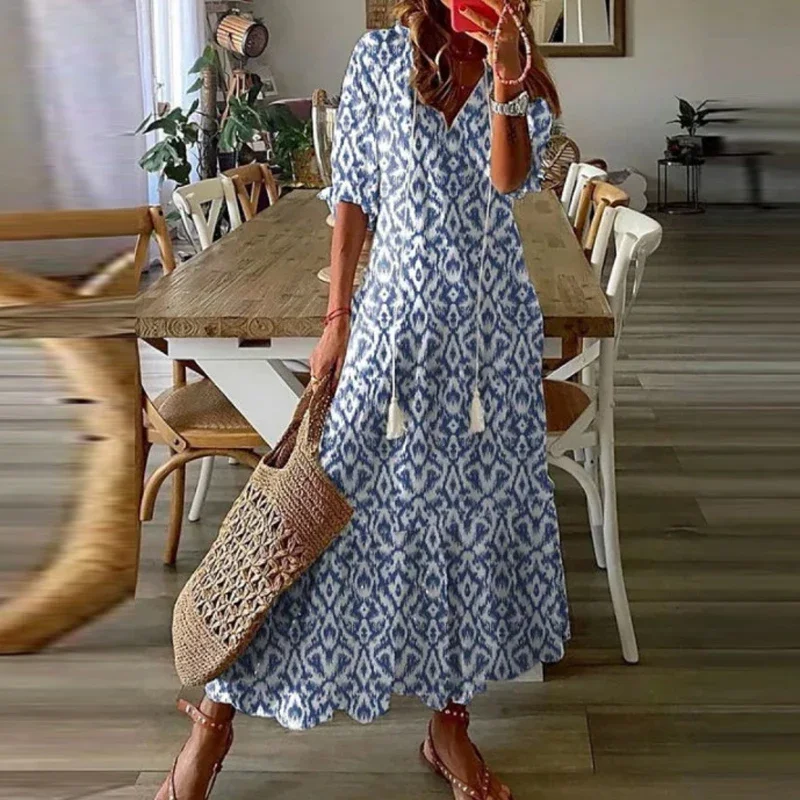 Boho Loosen V Neck Tassel Long Dress 2023 Spring Floral Print Pleated Party Maxi Dress Women Embroidery Lace Sleeve Summer Dress