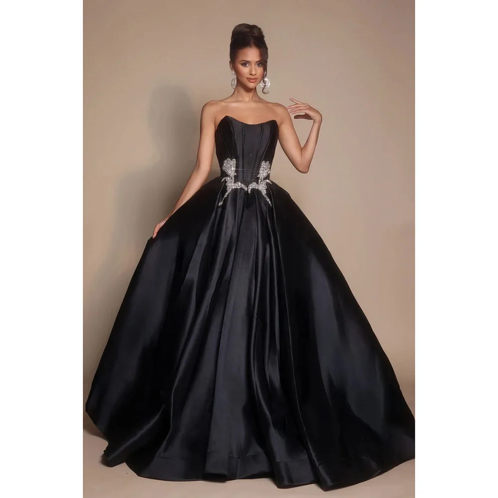 

Черное элегантное вечернее платье без бретелек без рукавов Вечерние платья из атласа длиной до пола Вечерние платья Paty по индивидуальному заказу 2025