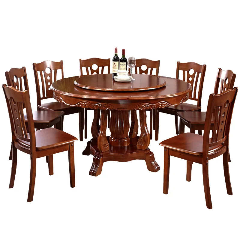 

Chinese solid wood round table dining table with turntable rubber wood round dining table unit canteen 10 people household