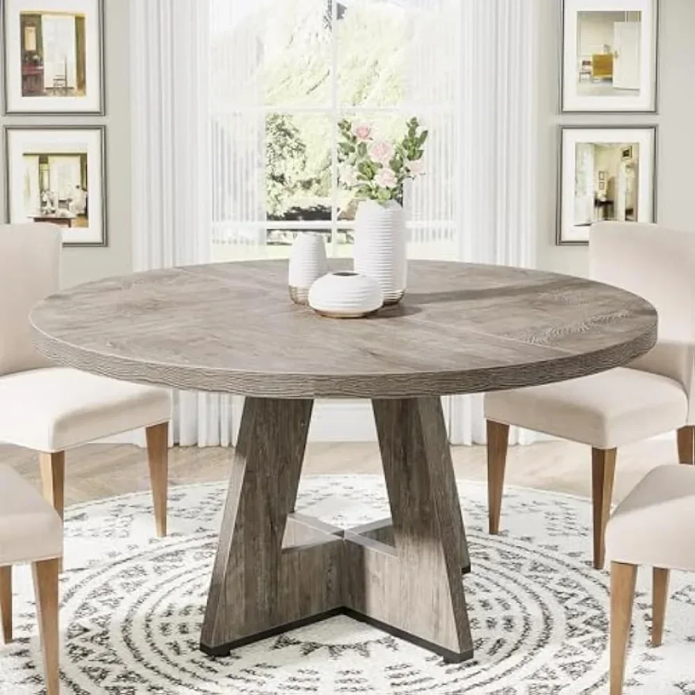 Round Dining Table For 4, 47 Inch Grey Kitchen Table Small Dinner Table Farmhouse Wood Kitchen Dinning For Dining Room