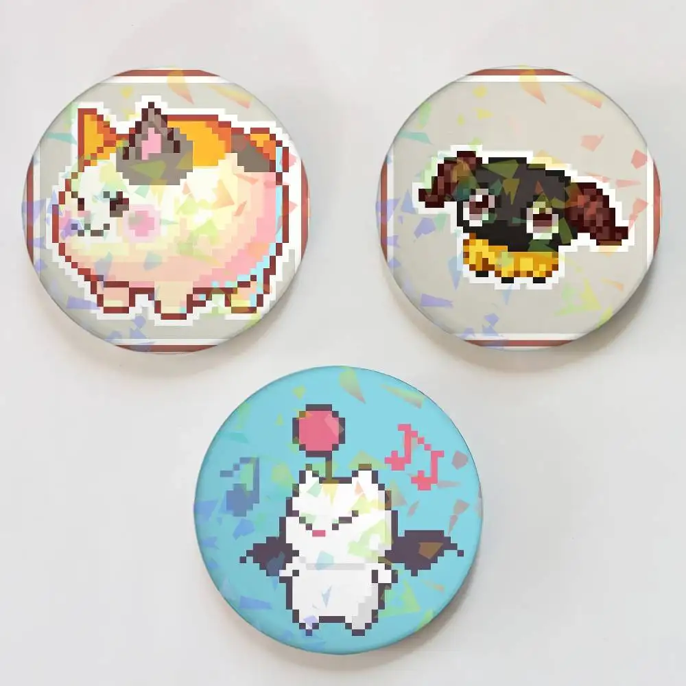 Game FF14 Cute Round Badge Lapel Pins for Backpacks Briefcase Laser Brooch Clothes Gifts