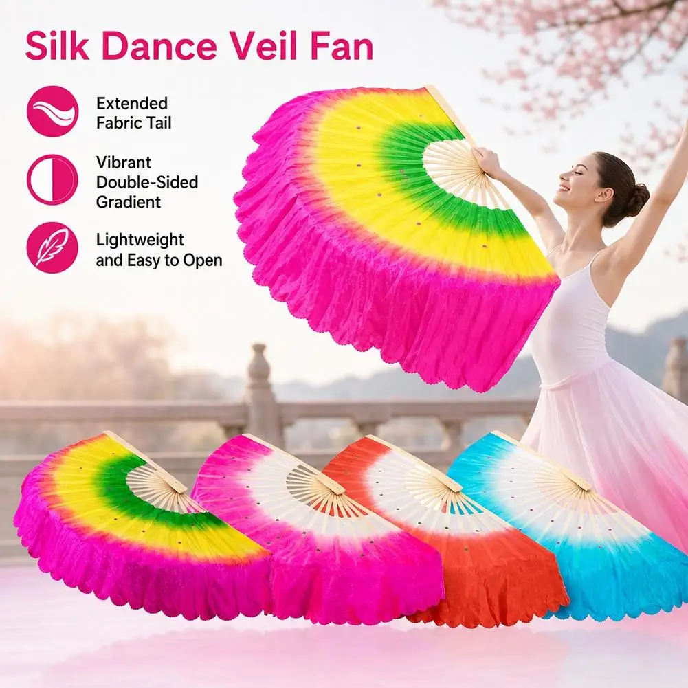 Gradient Color Silk Dance Fan Right Hand Chinese Folk Dance Fan Bamboo Ribs Performance Fan for Stage Festival Square Dance